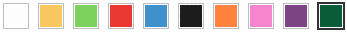 A palette of twelve color swatches including white, yellow, light green, red, blue, black, orange, pink, purple, and dark green.