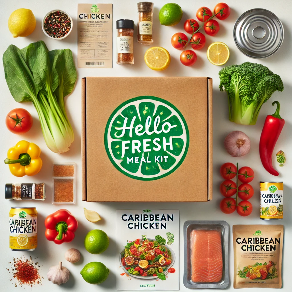 HelloFresh meal kit with fresh ingredients and Caribbean Chicken recipe